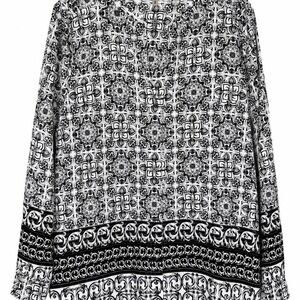 Calvin Klein Black White Geometric Chiffon Ruffle V-Neck Blouse Long Sleeve M
